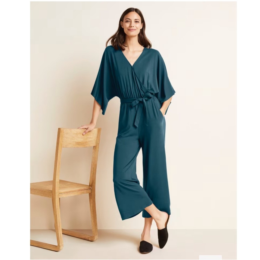 Garnet Hill Teal Green Knit Wrap V-Neck Wide Leg Jumpsuit Size S
